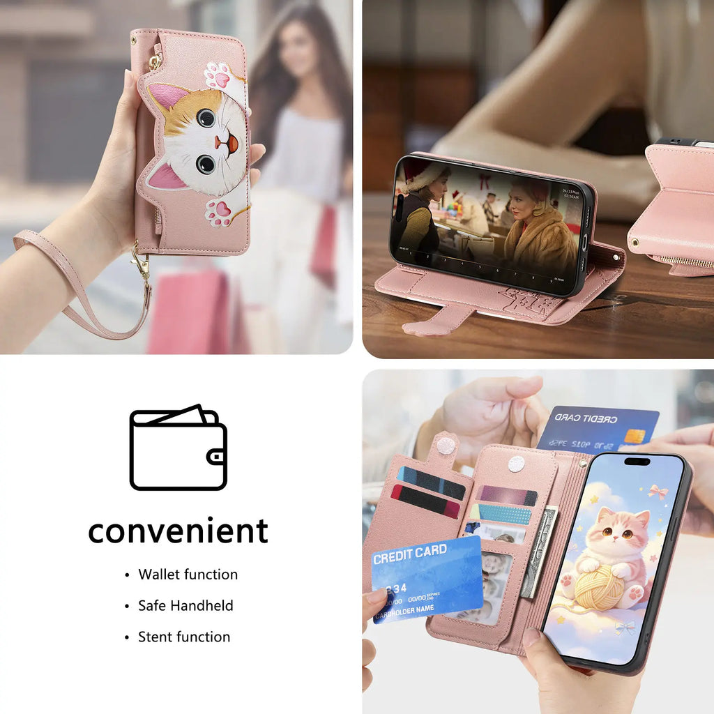 Cute Cat PU Leather Zipper Wrist Strap Flip Wallet Card Slot Phone Case For Motorola MOTO Edge 70 Fusion G32 G53 G34 G35 G77