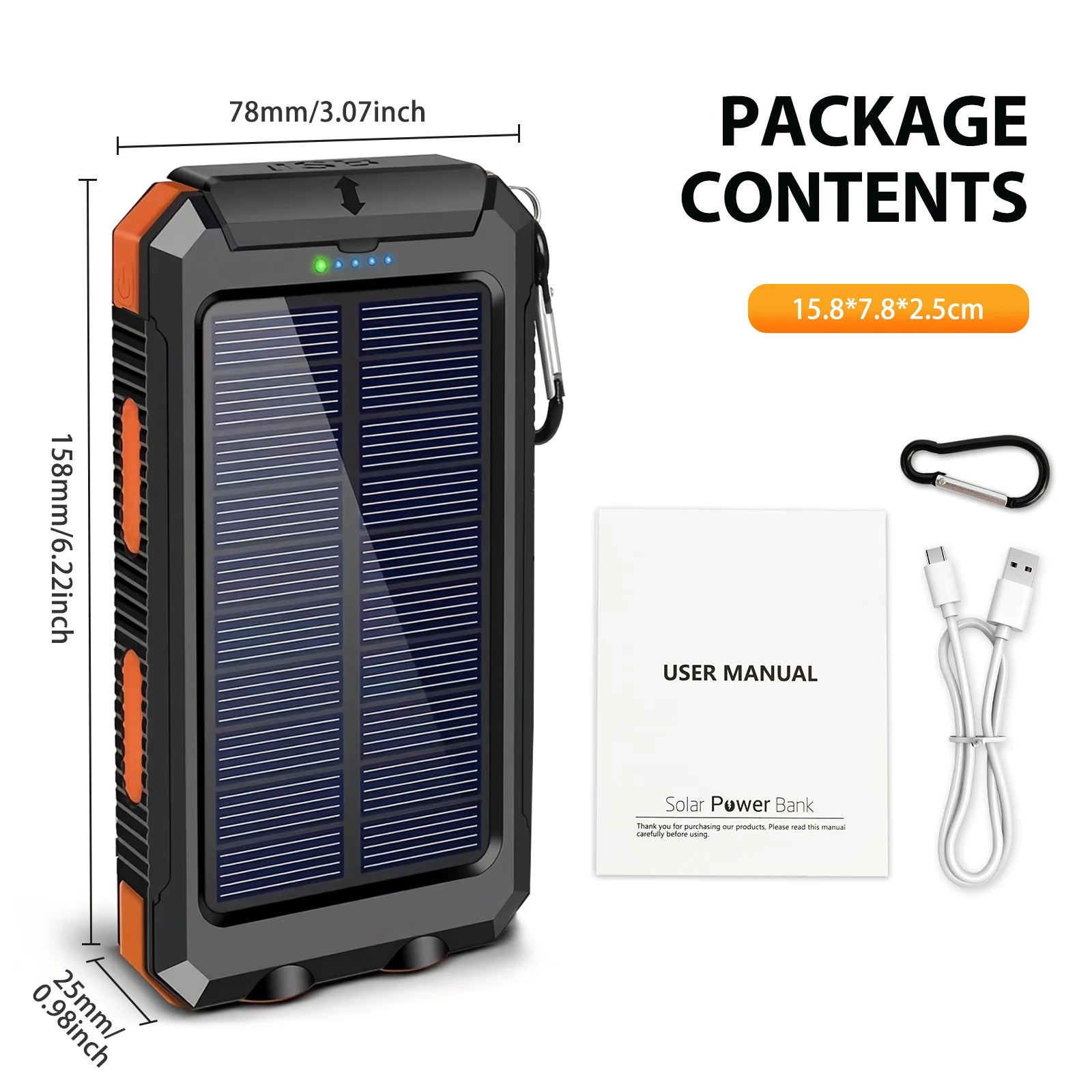 10000mAh Solar Power Bank Portable Waterproof Outdoor Dual 5V 1A USB Ports Fast Charging LED Flashlight for iPhone Tablets