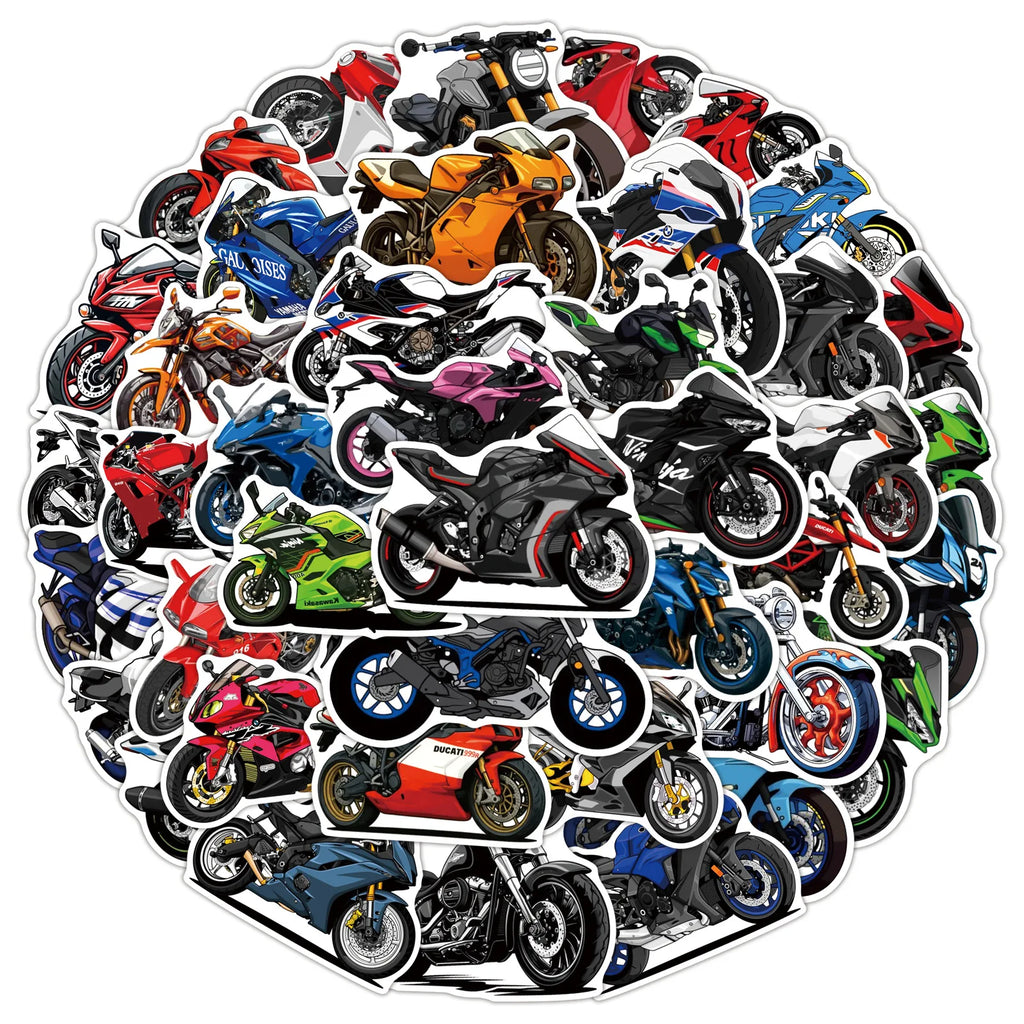 50PCS Cool Motorcycle Cartoon Stickers Cycling Sports Graffiti Transportation Decoration DIY Toys Laptop Guitar Car Bike Decals