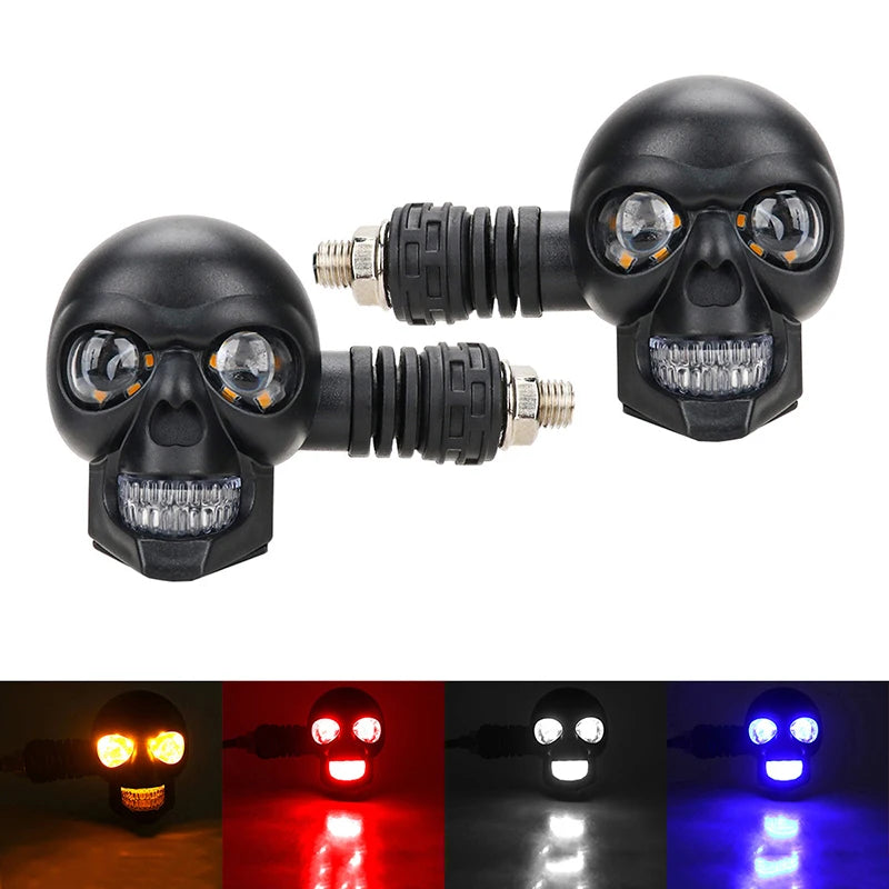 2Pcs Dual Color Moto LED Skull Shape Waterproof Fog Light Turn Signal Auxiliary Headlights ATV Scooter For Racer Spotlight