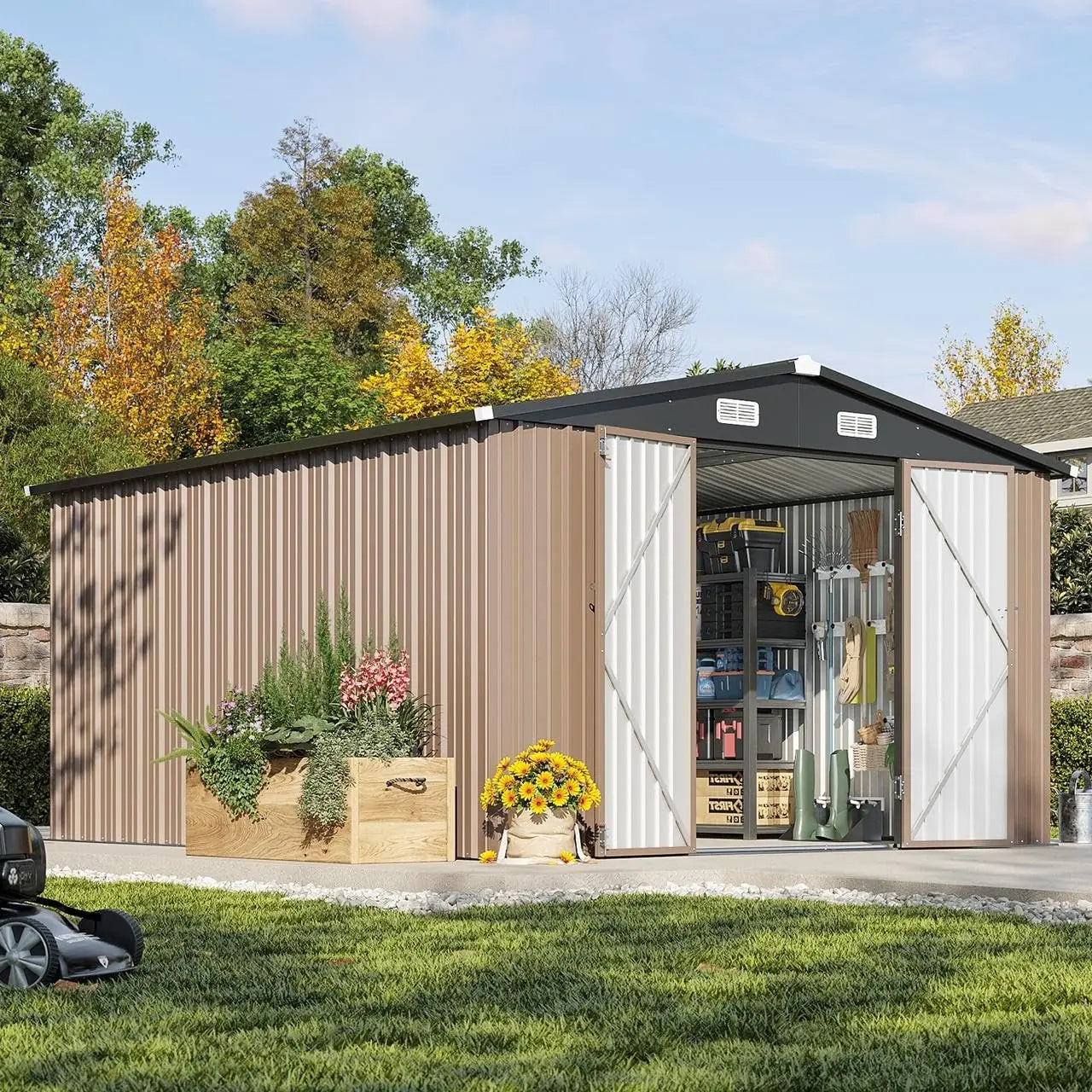 10 x 12FT Outdoor Storage Shed with Double Hinged Large Door Utility Garden Shed with Lockable Door & Sloped Roof, Customized