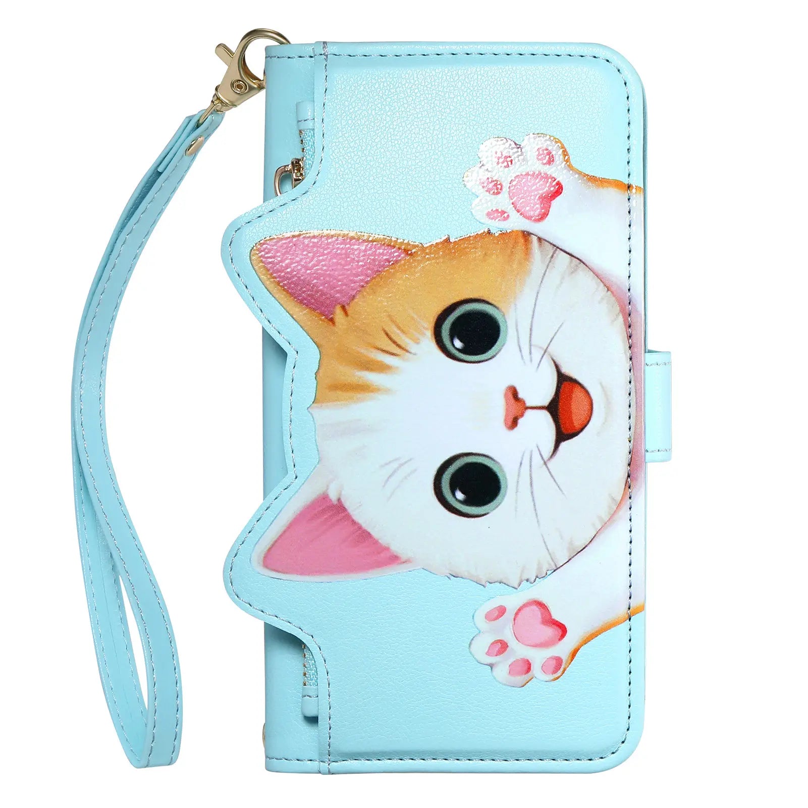 Cute Cat PU Leather Zipper Wrist Strap Flip Wallet Card Slot Phone Case For Motorola MOTO Edge 70 Fusion G32 G53 G34 G35 G77
