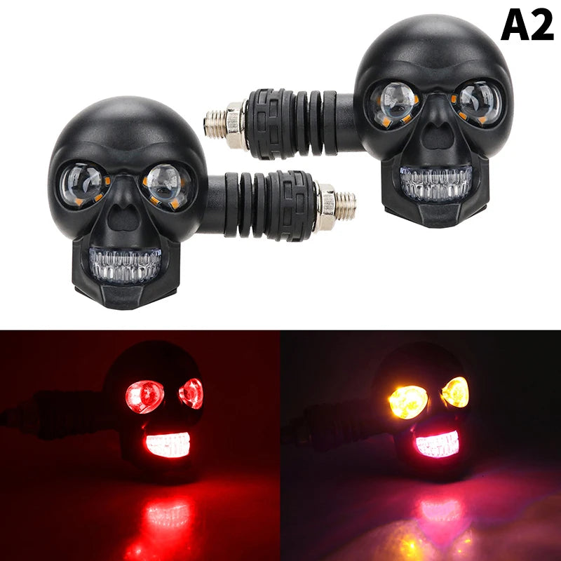 2Pcs Dual Color Moto LED Skull Shape Waterproof Fog Light Turn Signal Auxiliary Headlights ATV Scooter For Racer Spotlight