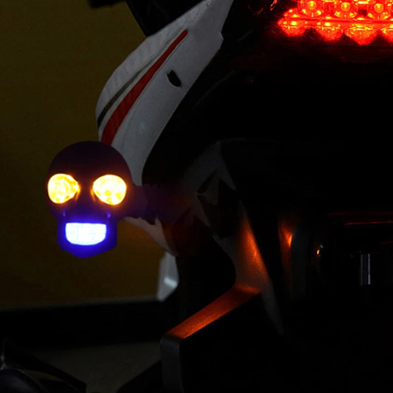 2Pcs Dual Color Moto LED Skull Shape Waterproof Fog Light Turn Signal Auxiliary Headlights ATV Scooter For Racer Spotlight