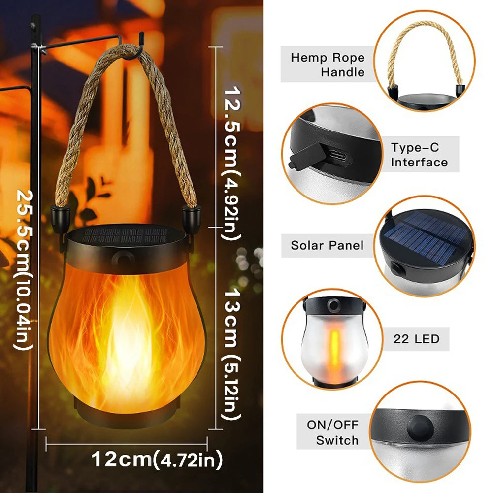 USB Rechargeable Camping Light Solar Flame Lights IPX65 Waterproof 500 Lumens 1500mAh Hanging Lantern Outdoor Lights  for Yards