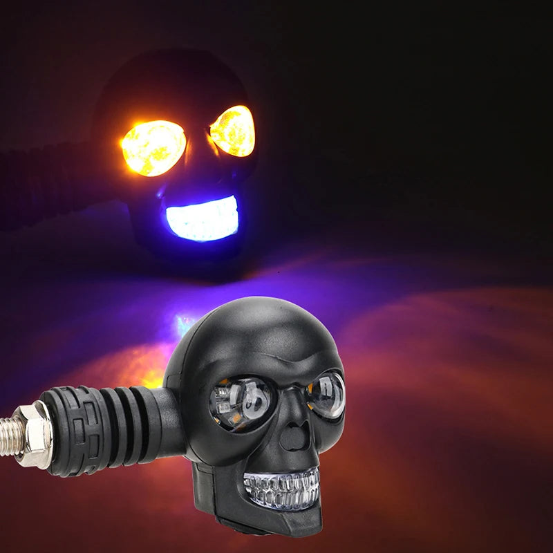 2Pcs Dual Color Moto LED Skull Shape Waterproof Fog Light Turn Signal Auxiliary Headlights ATV Scooter For Racer Spotlight