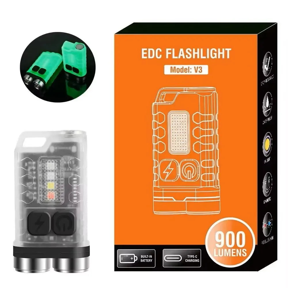 BORUiT V3 LED Keychain Portable 900LM EDC UV Flashlight Work Light Type-C Rechargeable Mini Torch with Magnet UV Pocket Lantern