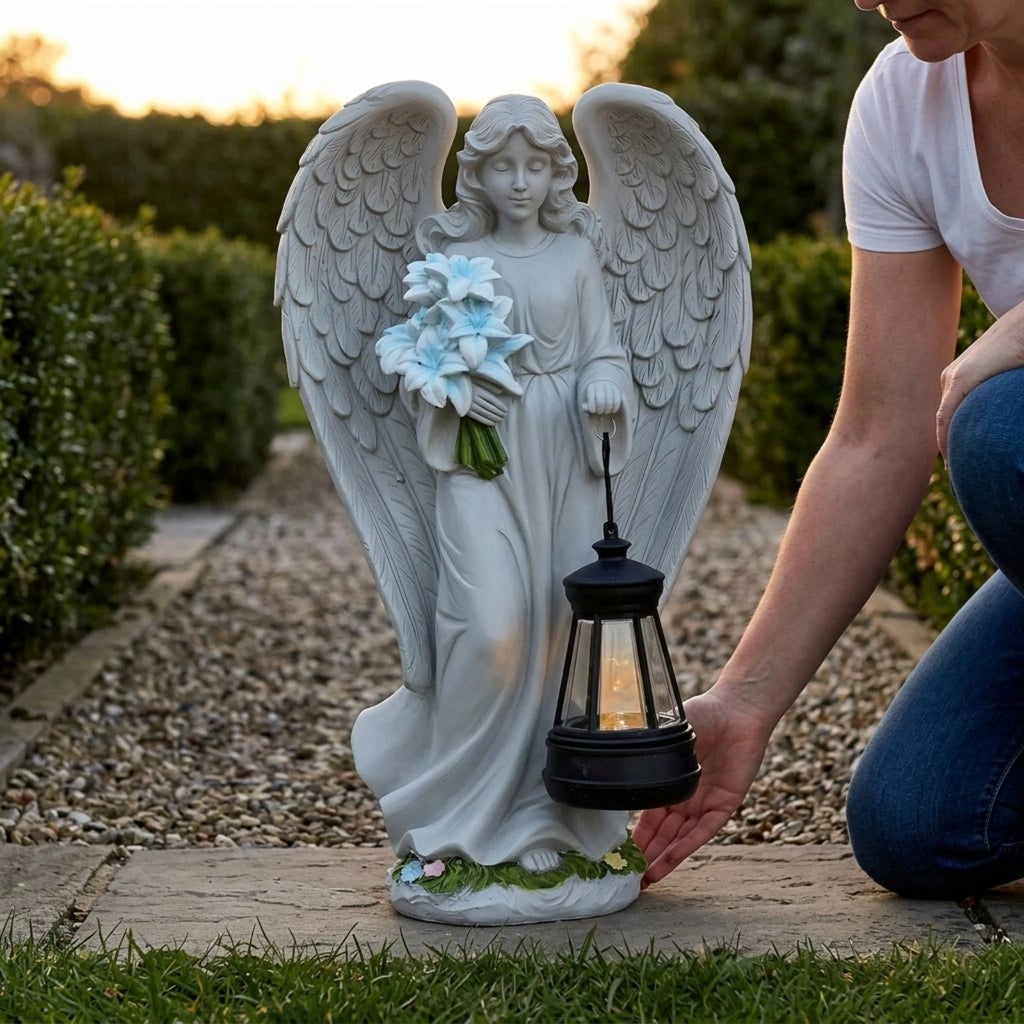 Angel Lantern Statue Feathered Wings Solar Angel Statue Outdoor Decor Decorative Weather Resistant for Walkway