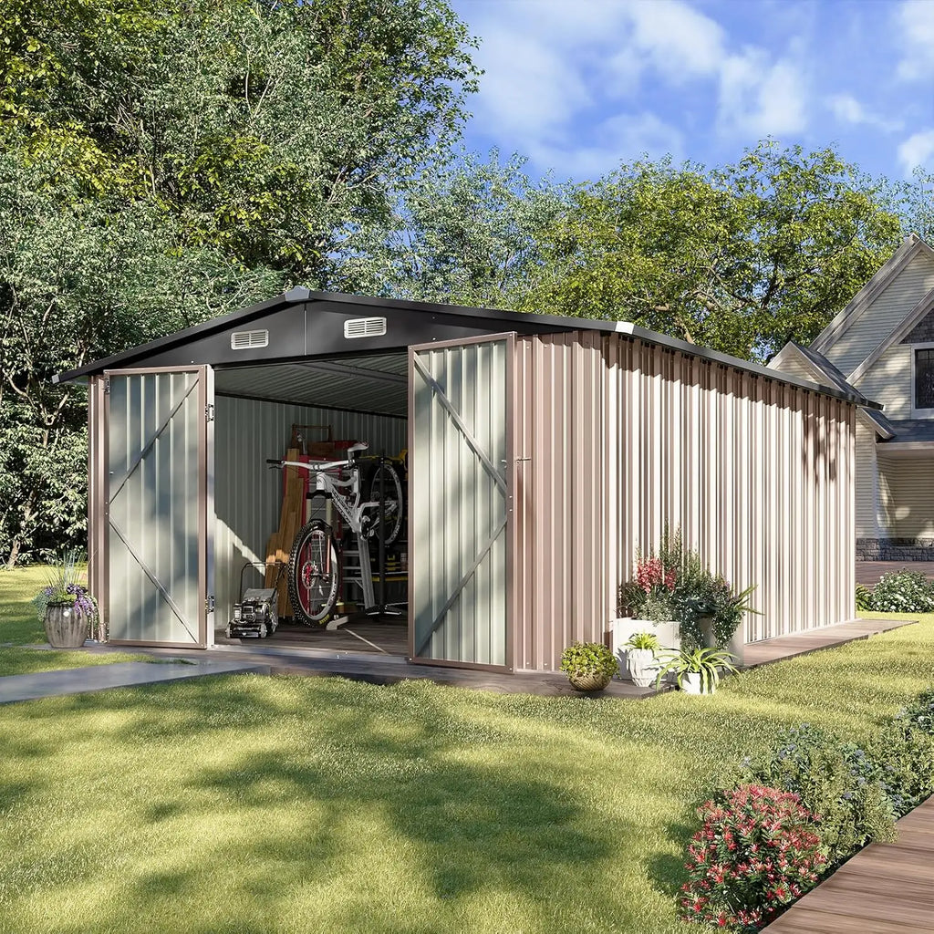 10 x 12FT Outdoor Storage Shed with Double Hinged Large Door Utility Garden Shed with Lockable Door & Sloped Roof, Customized