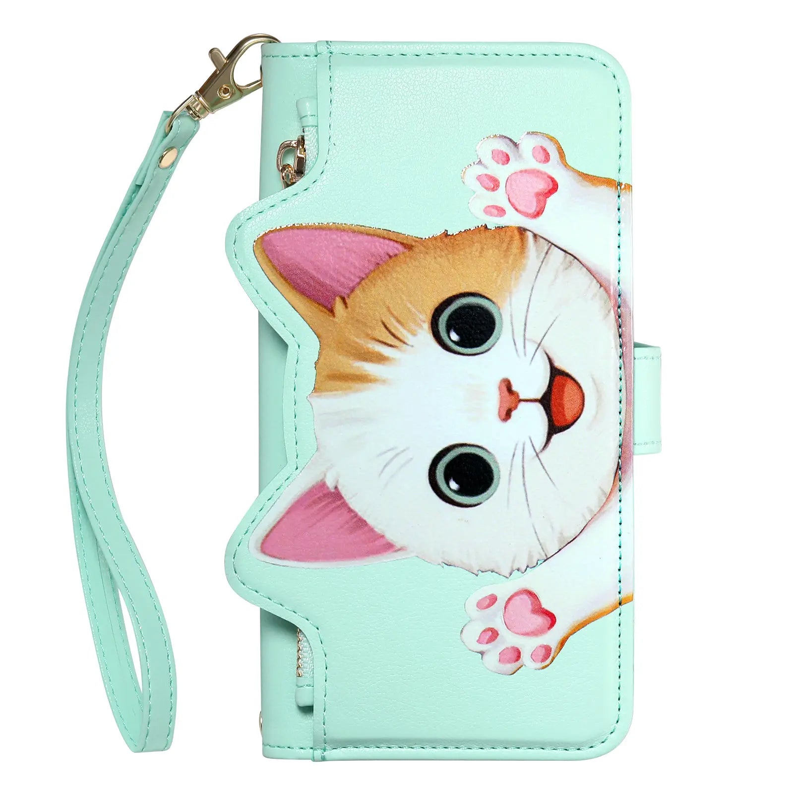 Cute Cat PU Leather Zipper Wrist Strap Flip Wallet Card Slot Phone Case For Motorola MOTO Edge 70 Fusion G32 G53 G34 G35 G77