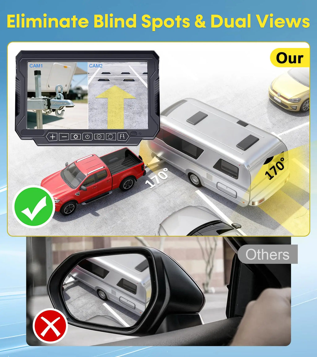 Airow auto Dual Wireless Waterproof RV Backup Camera No-Drill Magnetic Solar/Battery-Powered 7 Inch Split-Screen HD Rear