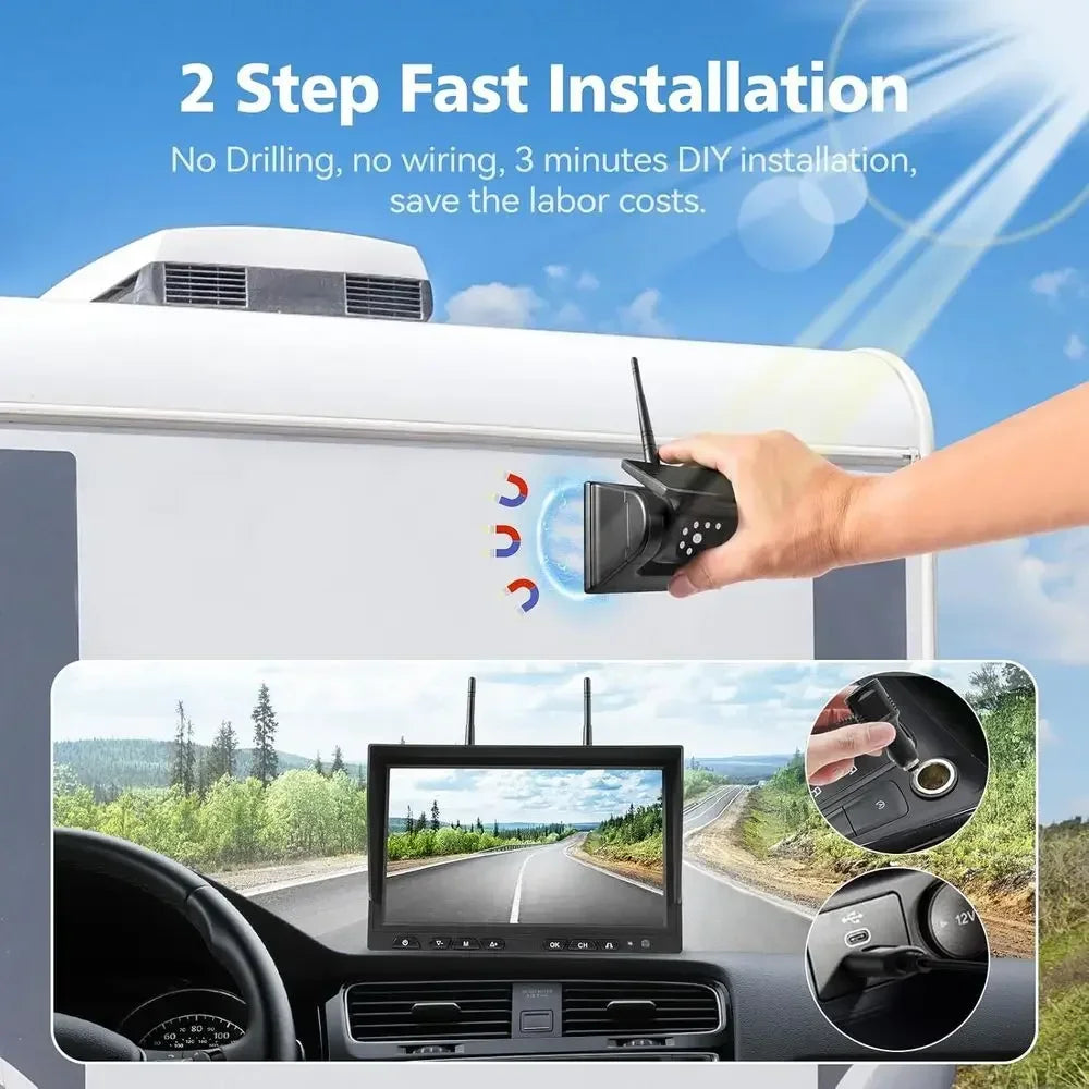 10.1" - 2 Magnetic Solar Wireless Backup Camera, HD 1080P DVR Monitor, Dual RV Cameras System for Hitch Towing RV Camper Trailer
