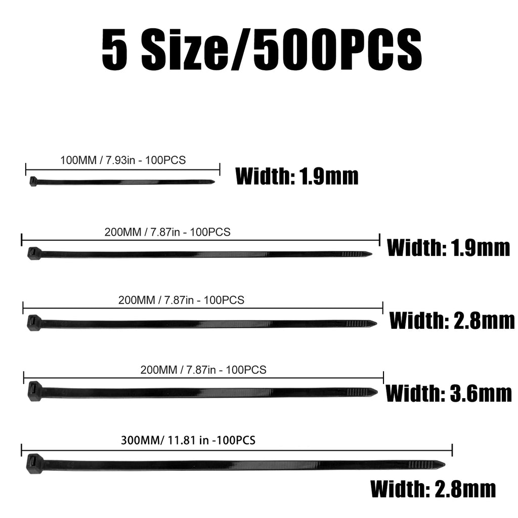 500pcs Plastic Nylon Cable Ties Self-locking Cord Ties Straps Adjustable Cables Fastening Loop Home Office Wire Zip Ties