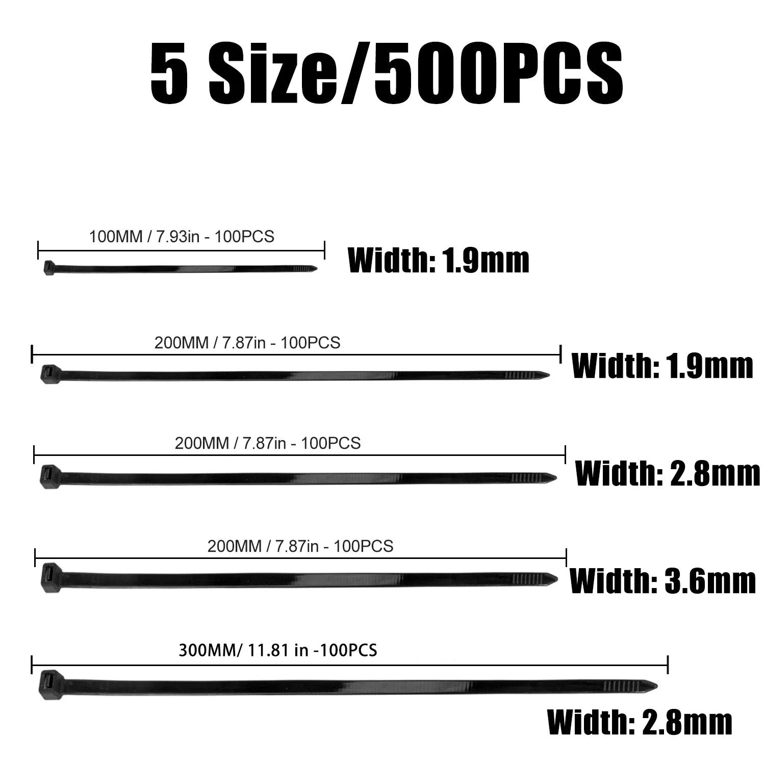 500pcs Plastic Nylon Cable Ties Self-locking Cord Ties Straps Adjustable Cables Fastening Loop Home Office Wire Zip Ties