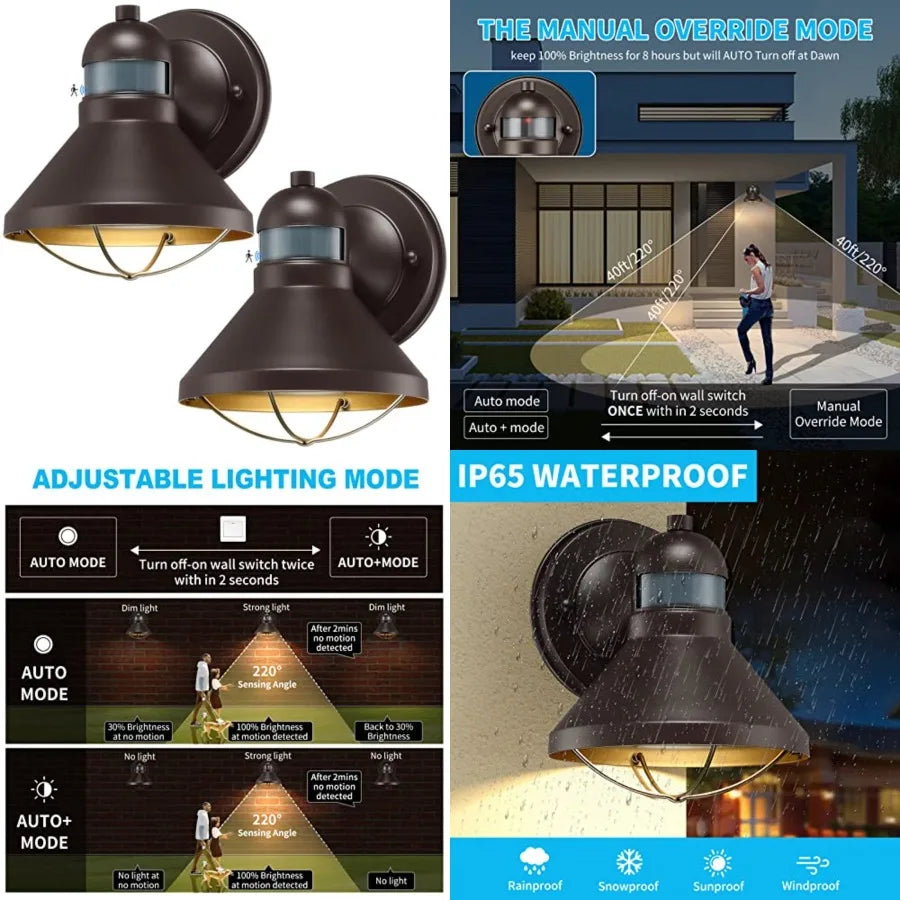 2 Pack Motion Sensor Outdoor LED Wall Sconce Dusk to Dawn Exterior Barn Light Fixtures Brown Outside Porch Lantern Farmhouse Wa