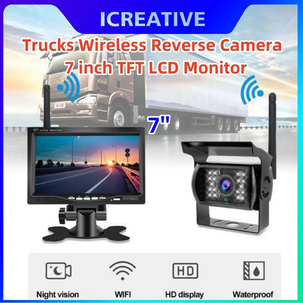 7'' Vehicle Wireless Reverse HD Camera for Trucks Bus RV Excavator Trailer Car TFT LCD Monitor 12-24V Rear View Cam Night Vision
