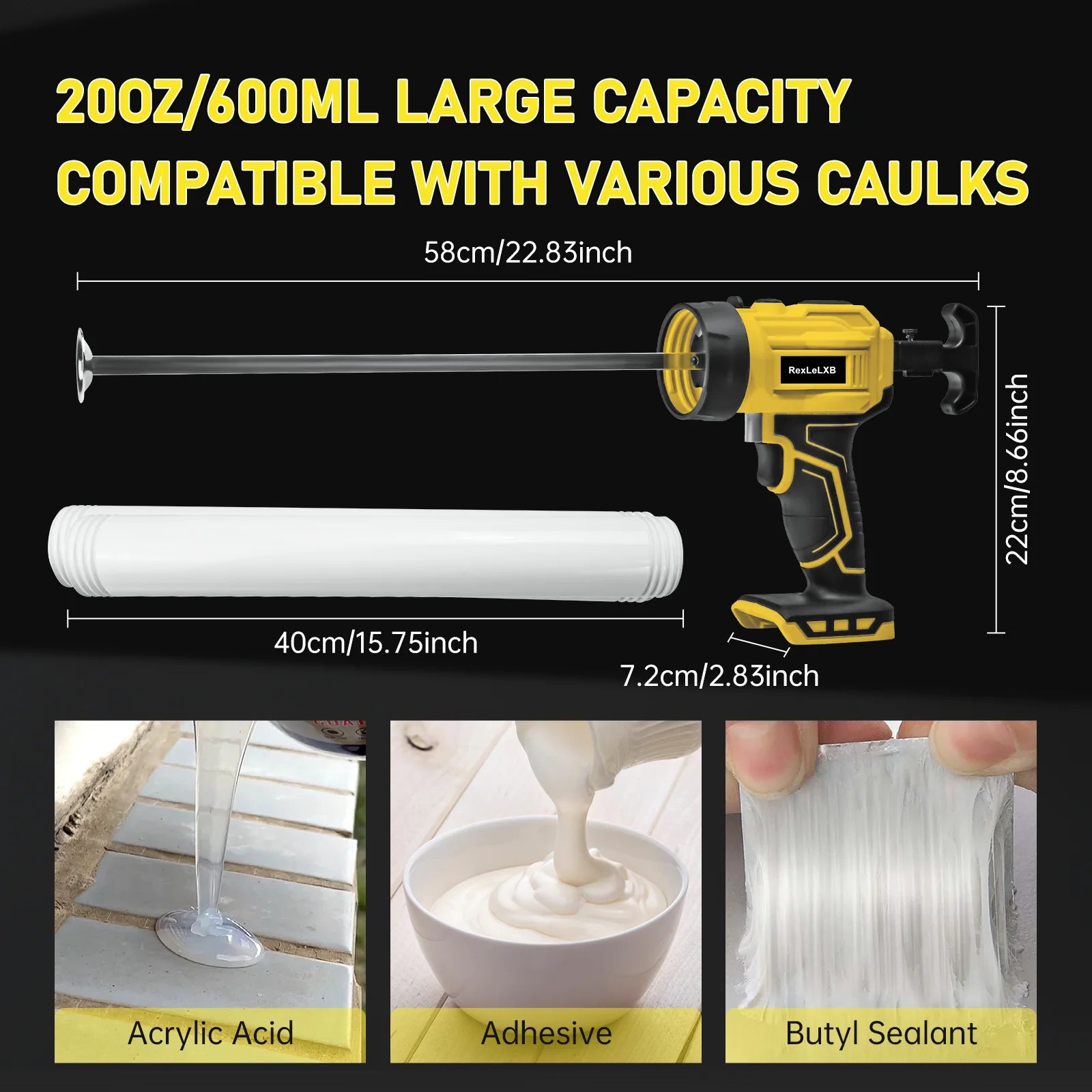 Cordless Caulking Gun 20oz/600ml Electric Silicone Gun 4 Speed Drip-free Filling Sealing Repair Tool for Dewalt 20V Battery Pin