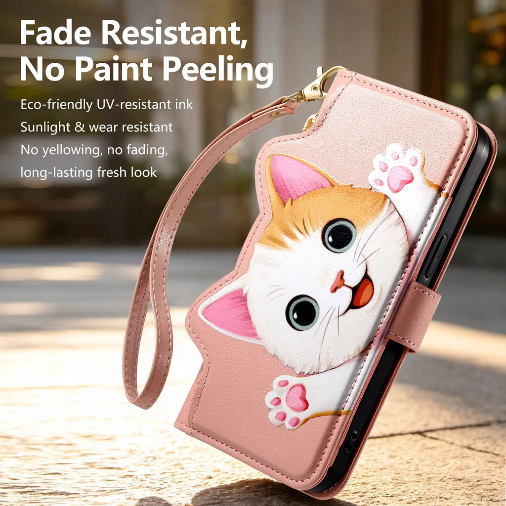 Cute Cat PU Leather Zipper Wrist Strap Flip Wallet Card Slot Phone Case For Motorola MOTO Edge 70 Fusion G32 G53 G34 G35 G77