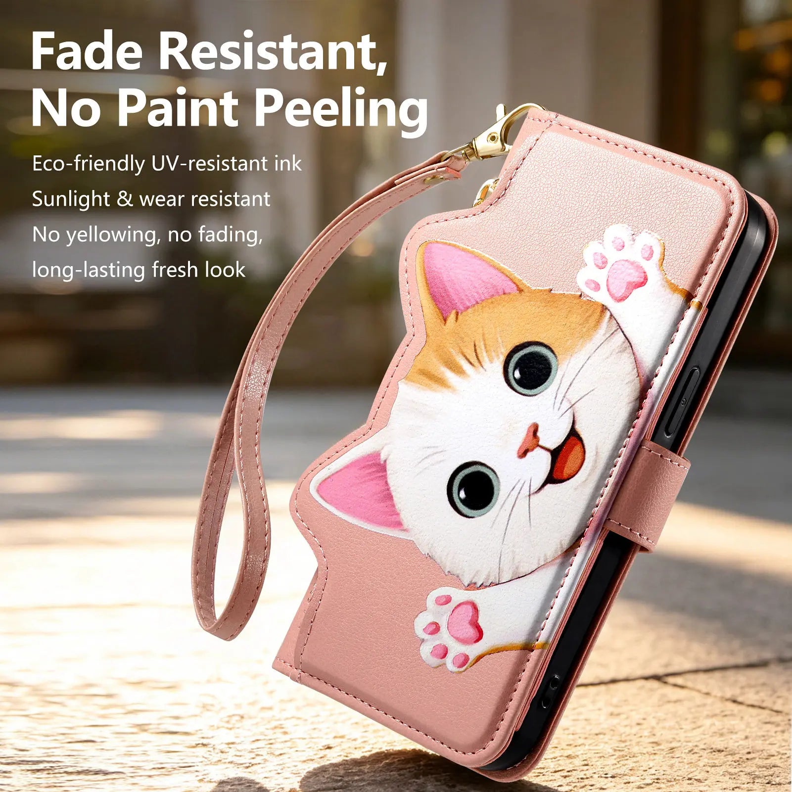 Cute Cat PU Leather Zipper Wrist Strap Flip Wallet Card Slot Phone Case For Motorola MOTO Edge 70 Fusion G32 G53 G34 G35 G77