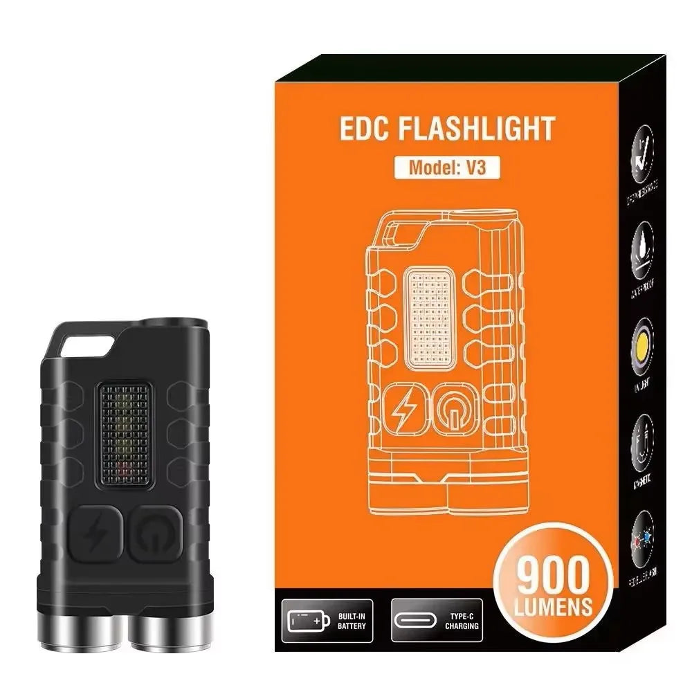BORUiT V3 LED Keychain Portable 900LM EDC UV Flashlight Work Light Type-C Rechargeable Mini Torch with Magnet UV Pocket Lantern