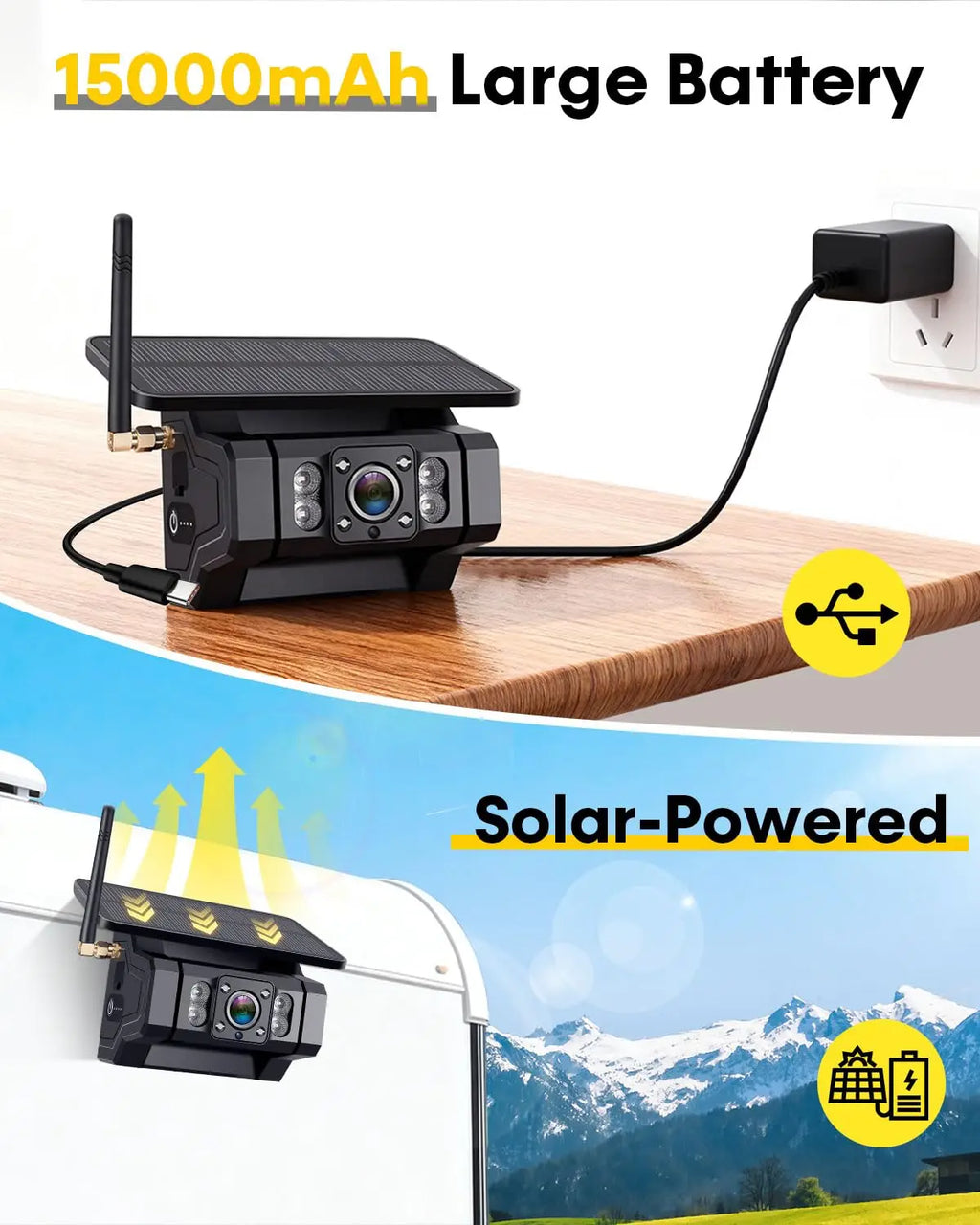 Airow auto Dual Wireless Waterproof RV Backup Camera No-Drill Magnetic Solar/Battery-Powered 7 Inch Split-Screen HD Rear